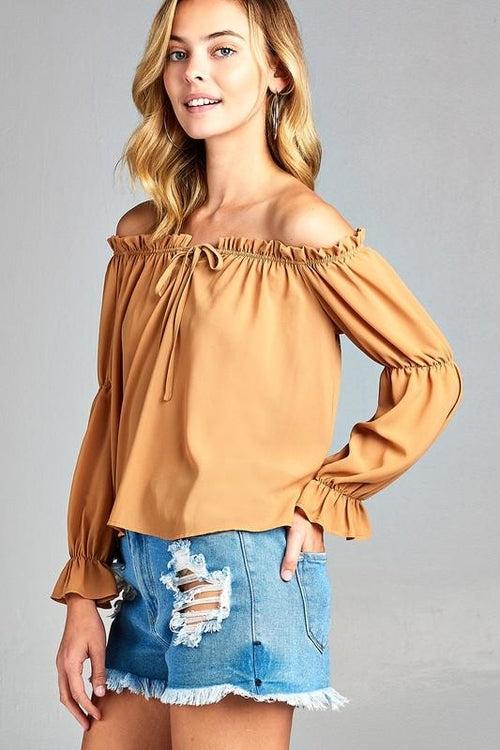 Women's Puff Long Sleeve Ruffled Front Tie Off Shoulder Top