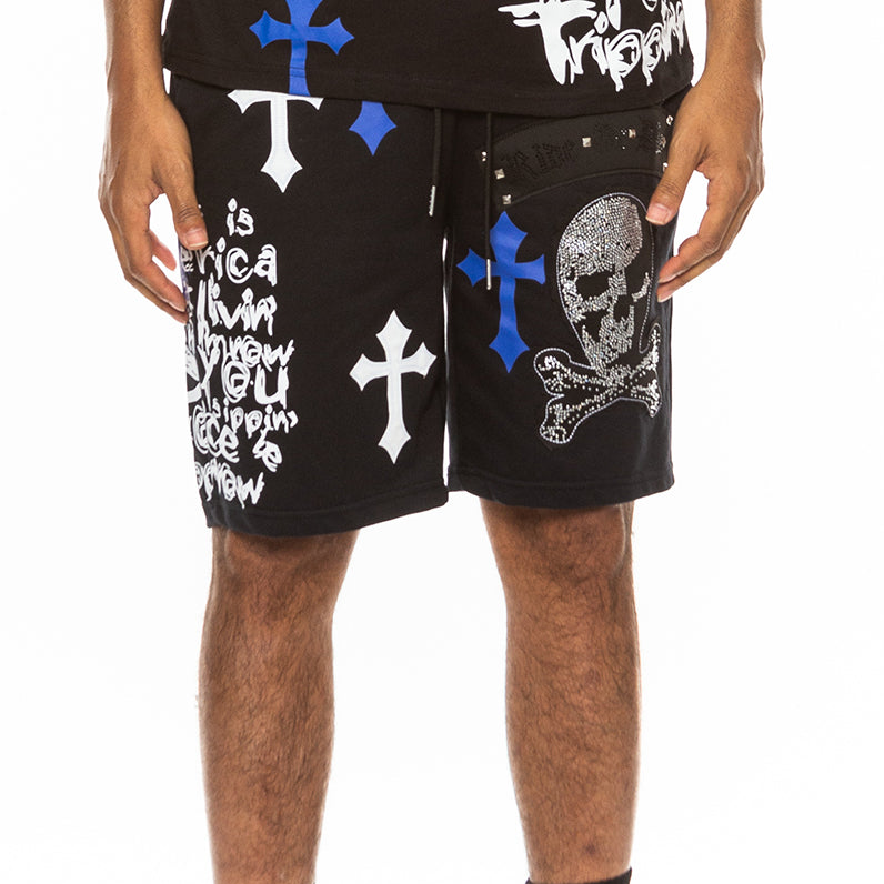 Bejewelled Chrome Skull Shorts