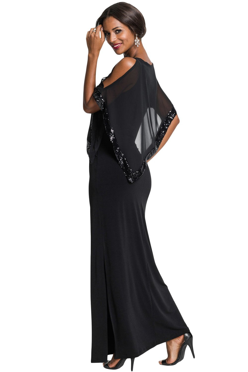 Black Sequin Mesh Overlay Poncho Maxi Party Dress