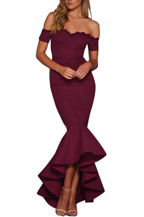 Burgundy Lace Trim Off Shoulder Fishtail Party Dress