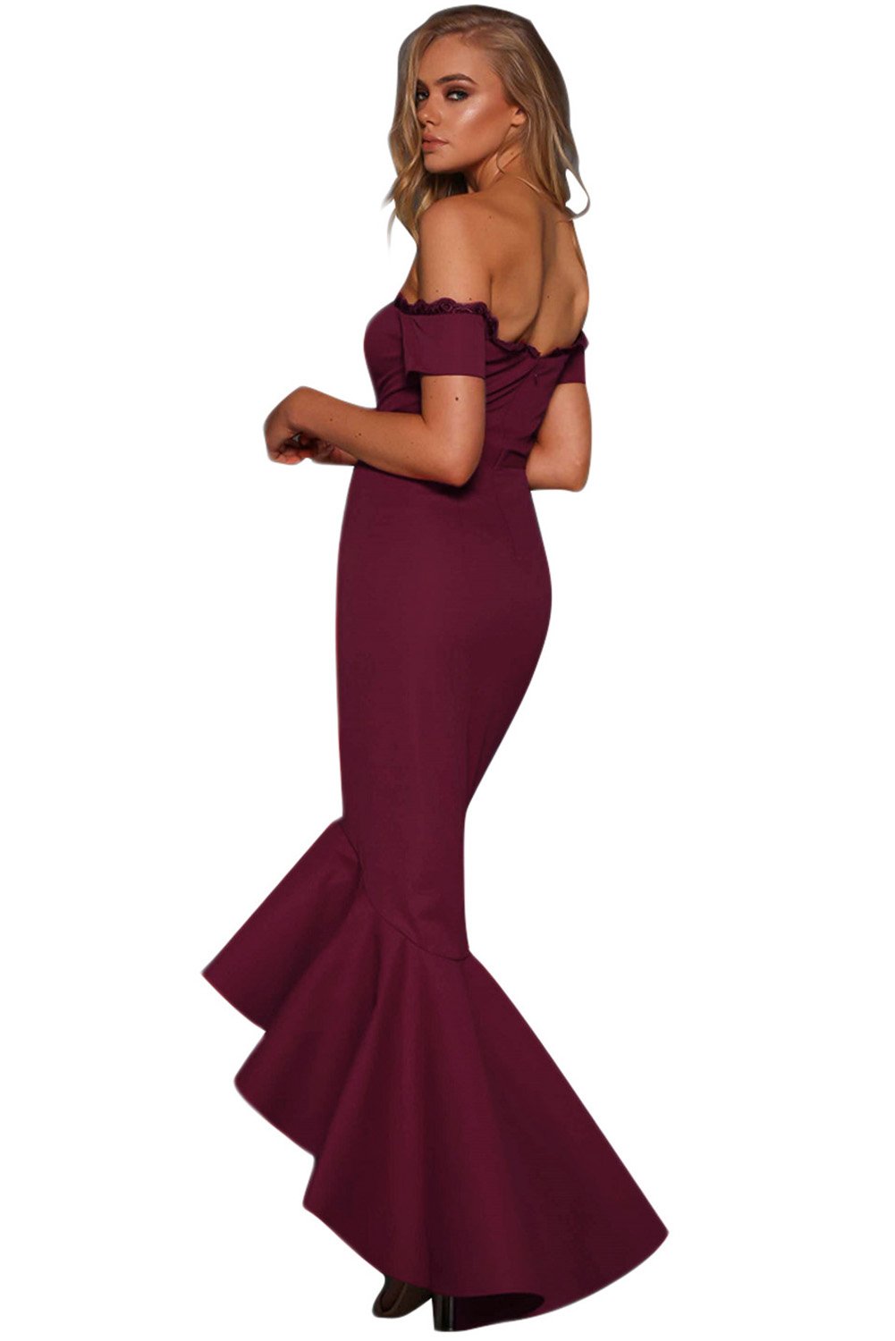 Burgundy Lace Trim Off Shoulder Fishtail Party Dress