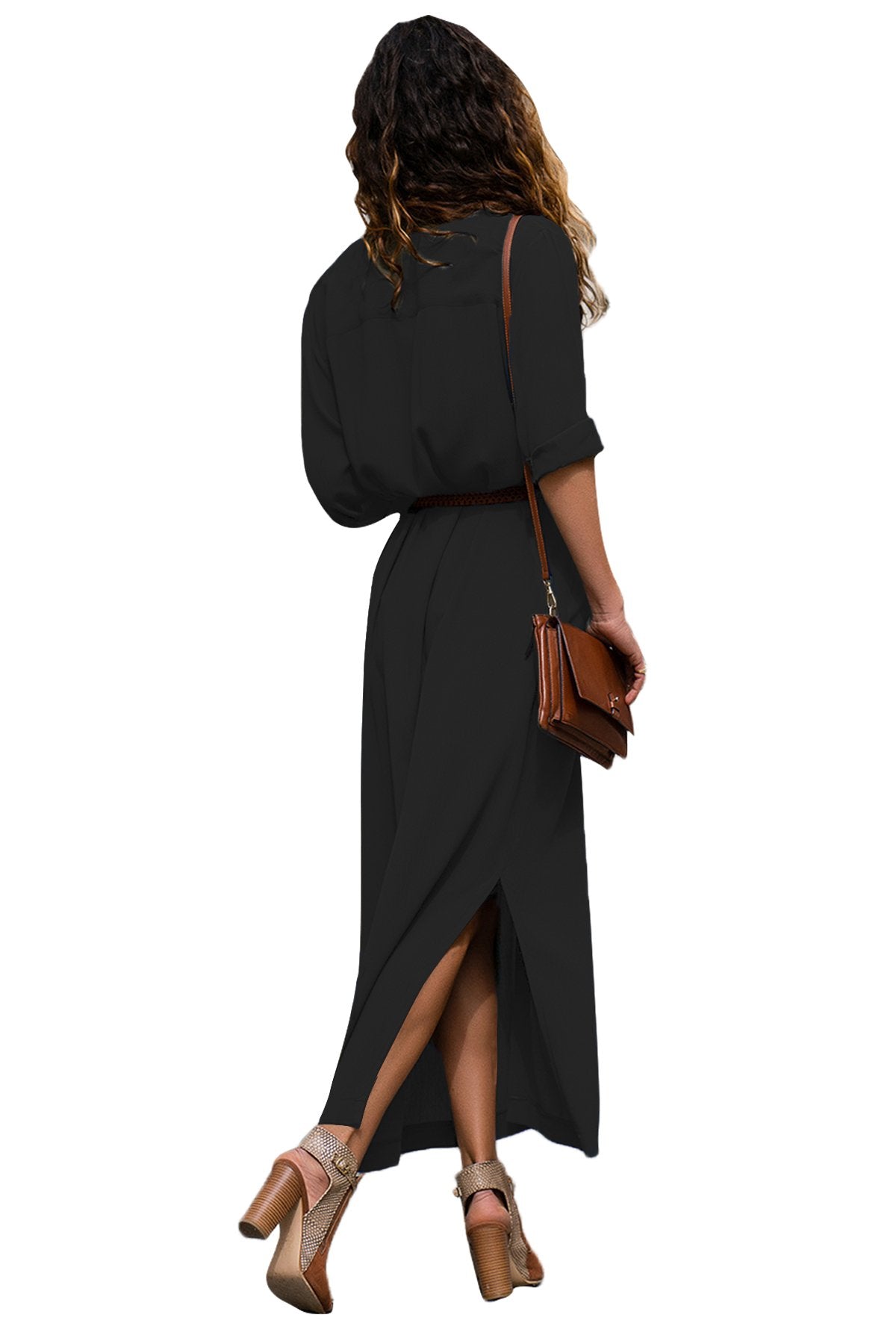 Casual Black Slit Maxi Shirt Dress with Sash