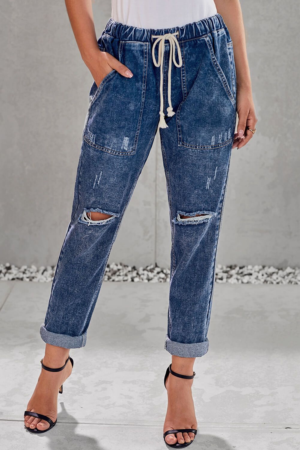 Dark Blue Gather Round Distressed Hole Pocketed Jean Jogger