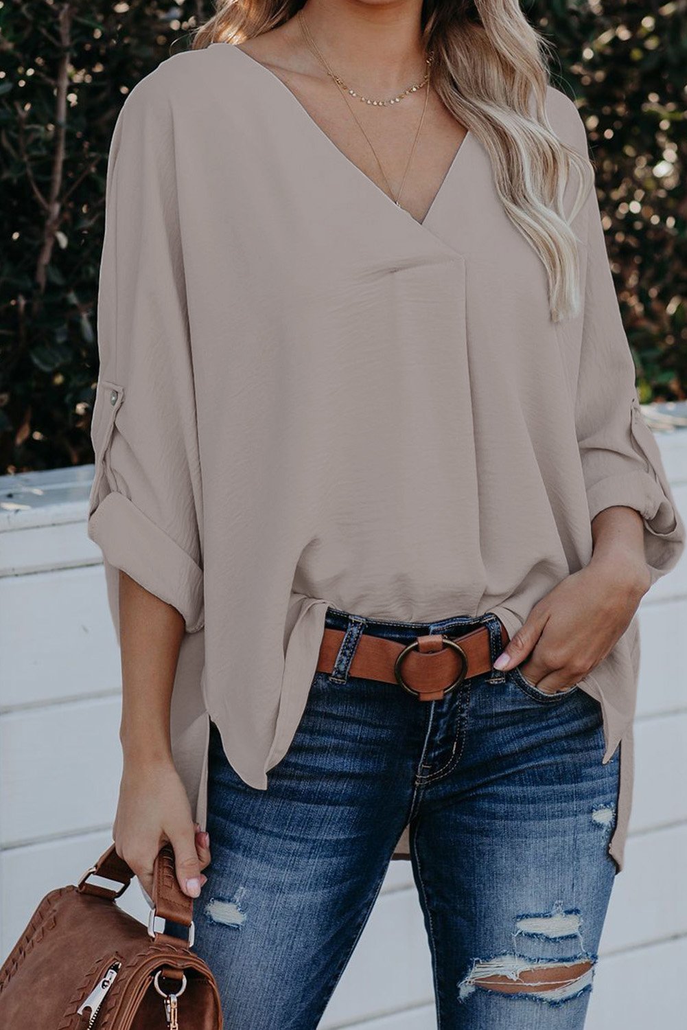 Elegant Apricot V Neck 3/4 Sleeve High Low Hem Shirt