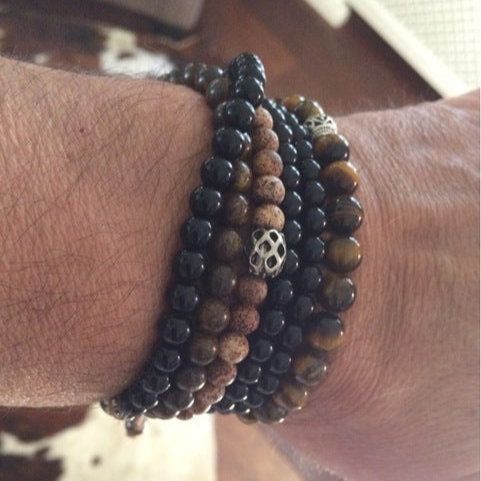 Men Bracelet 6MM Bronzite Buddha Evil Eye Elastic