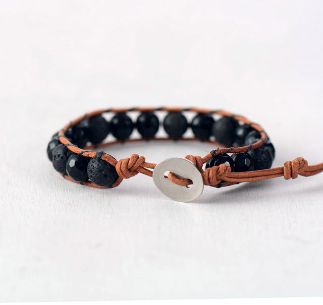 Men Leather Bracelet 8MM Lava Stone Onyx Leather