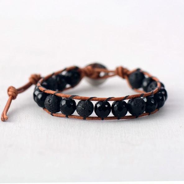 Men Leather Bracelet 8MM Lava Stone Onyx Leather