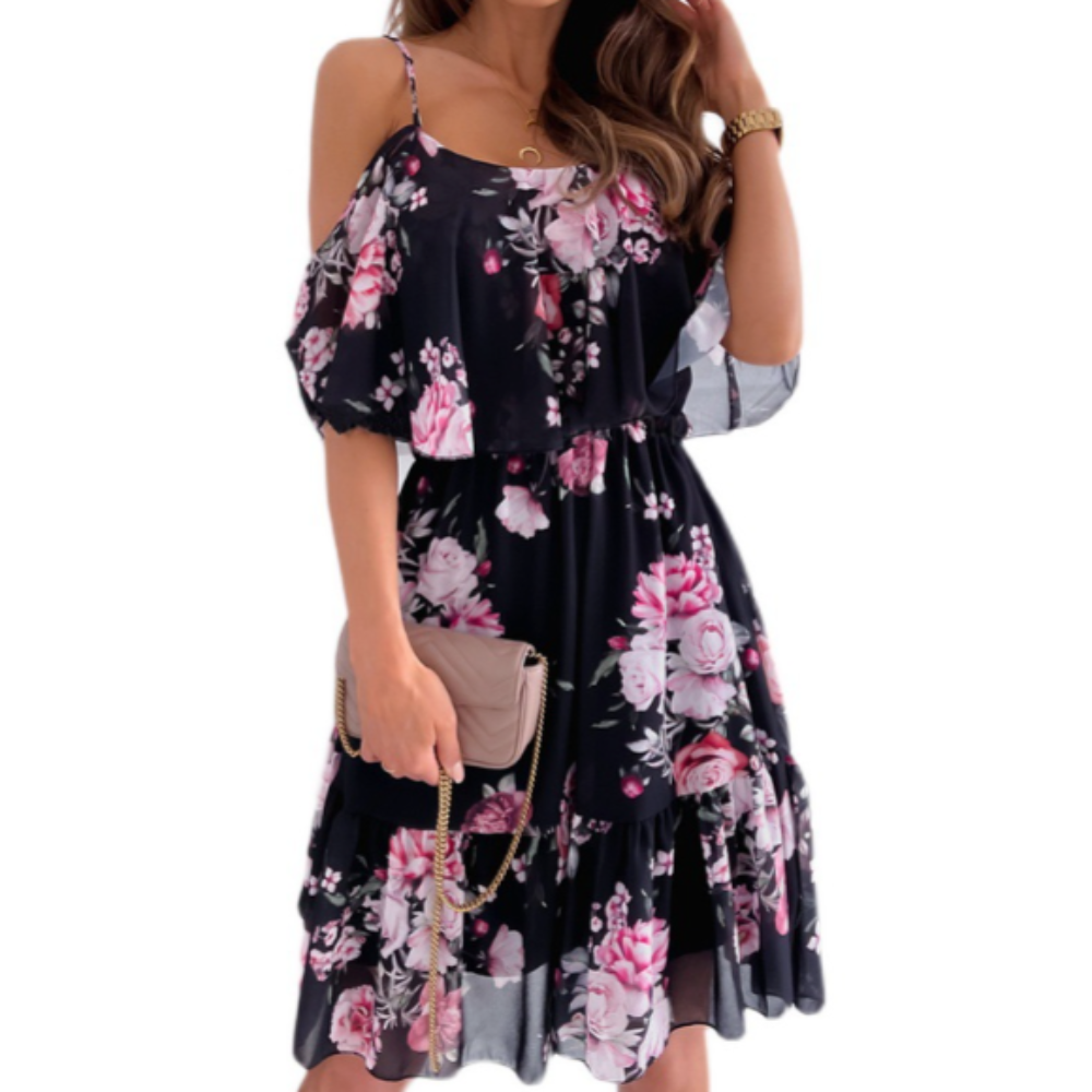 Women Cold Shoulder Ruffle Chiffon Beach Dress