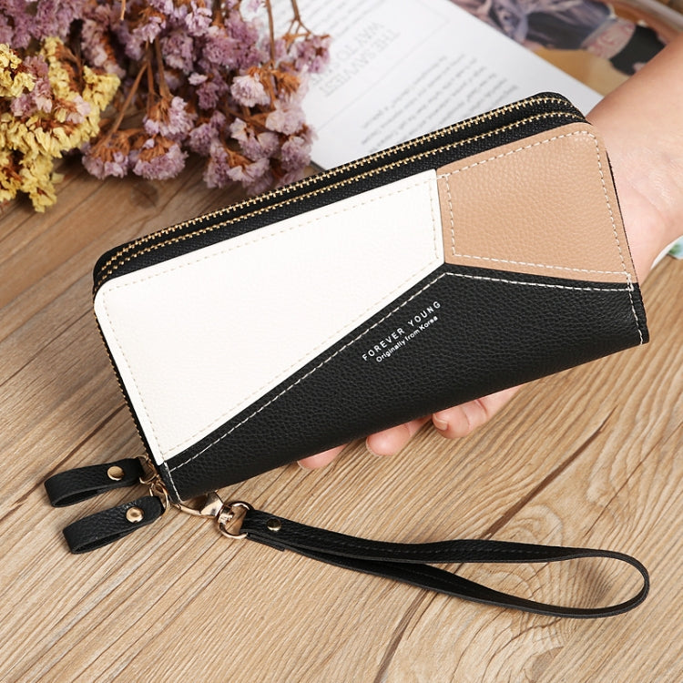 Double Zipper Lady Long Purse Splicing Coin Phone Bag(Black)