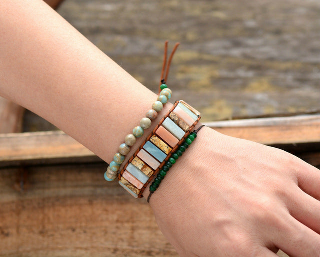 Woman Boho Bracelets Tube Shape Natural Stones