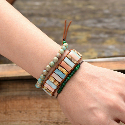 Woman Boho Bracelets Tube Shape Natural Stones