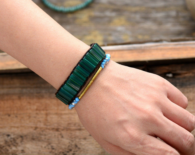 Womens Boho Bracelets Tube Shape Green Onyx Single