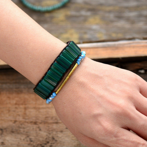 Womens Boho Bracelets Tube Shape Green Onyx Single