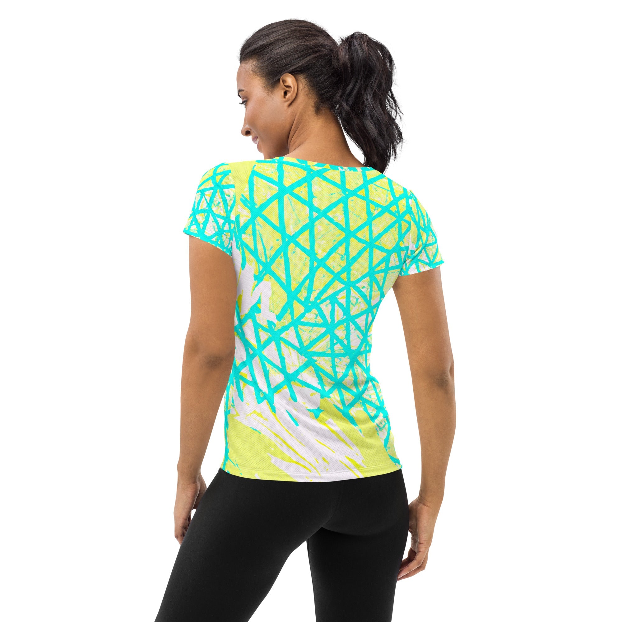 Womens Stretch Fit Athletic Sports T-shirt, Cyan Blue Lime Green