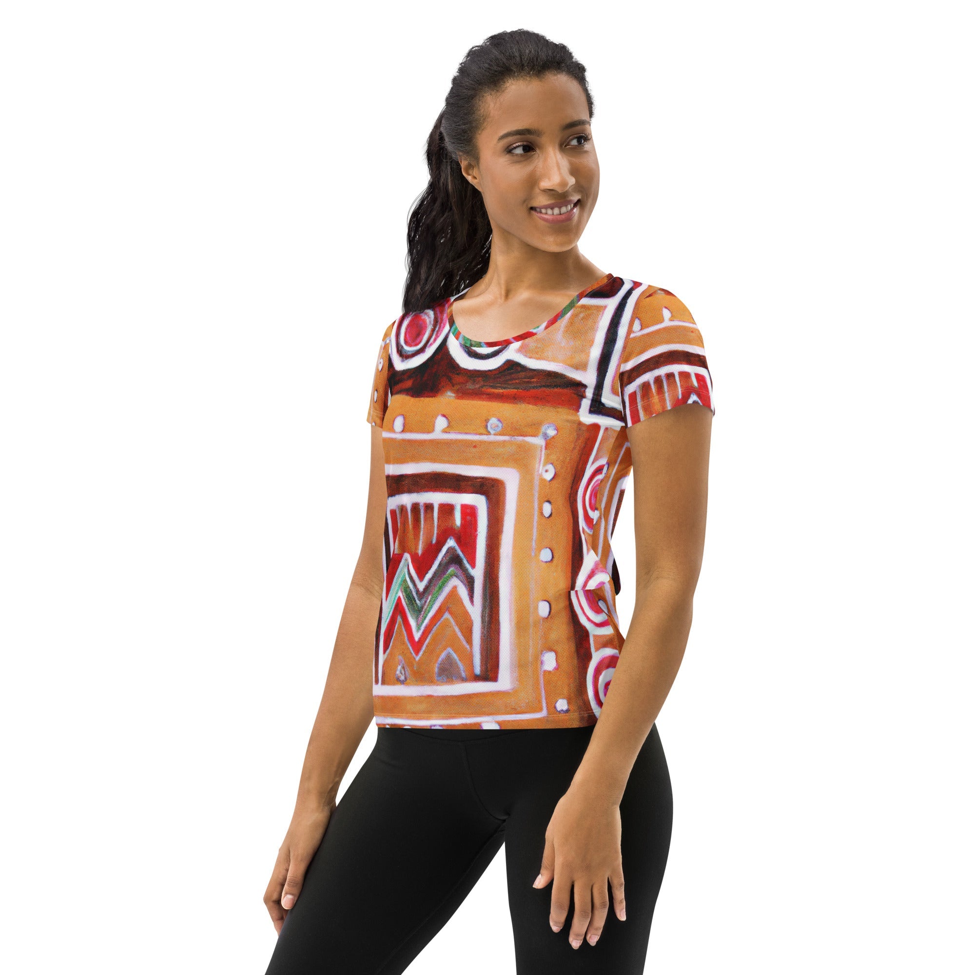 Womens Stretch Fit Athletic Sports T-shirt, Brown Orange Green Aztec