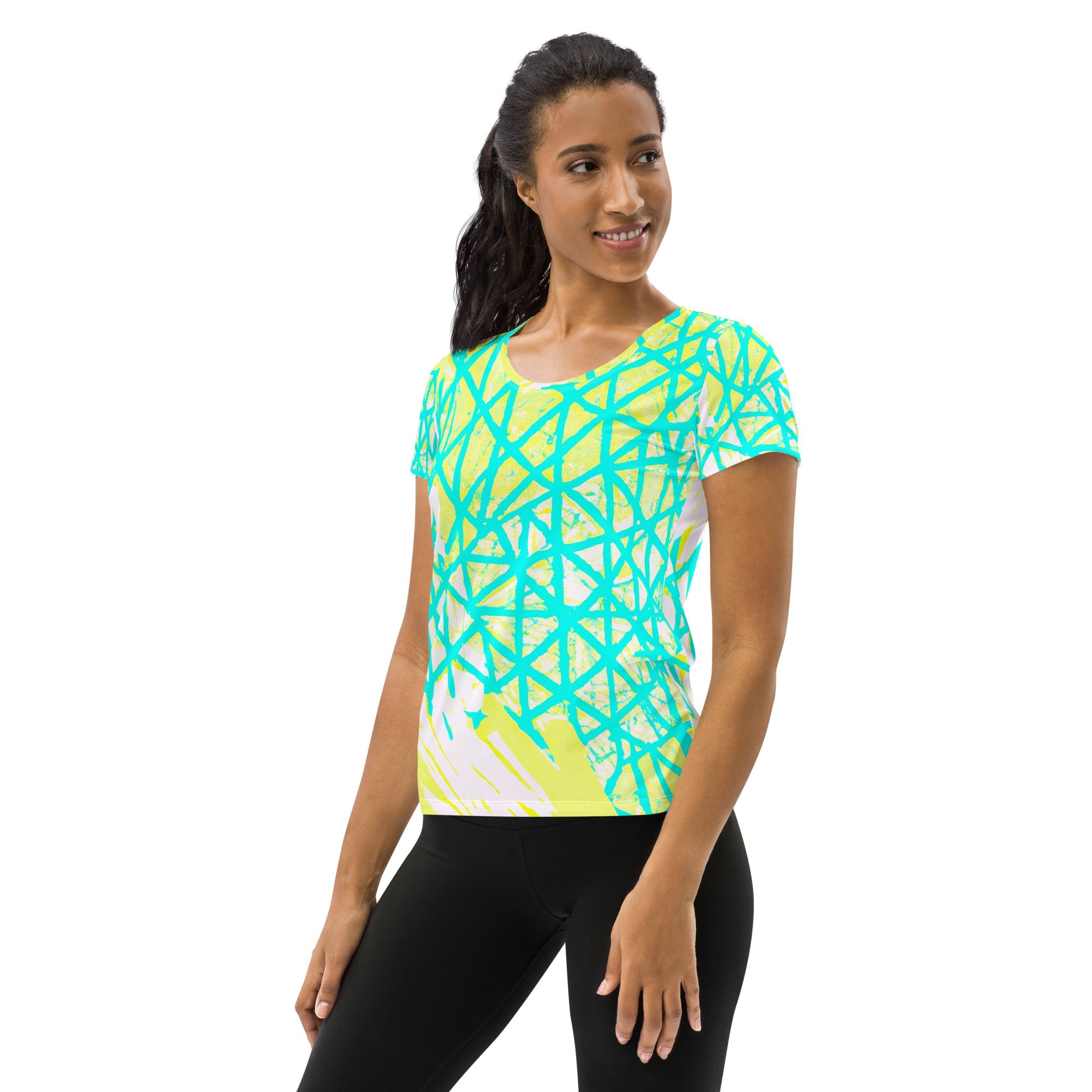 Womens Stretch Fit Athletic Sports T-shirt, Cyan Blue Lime Green