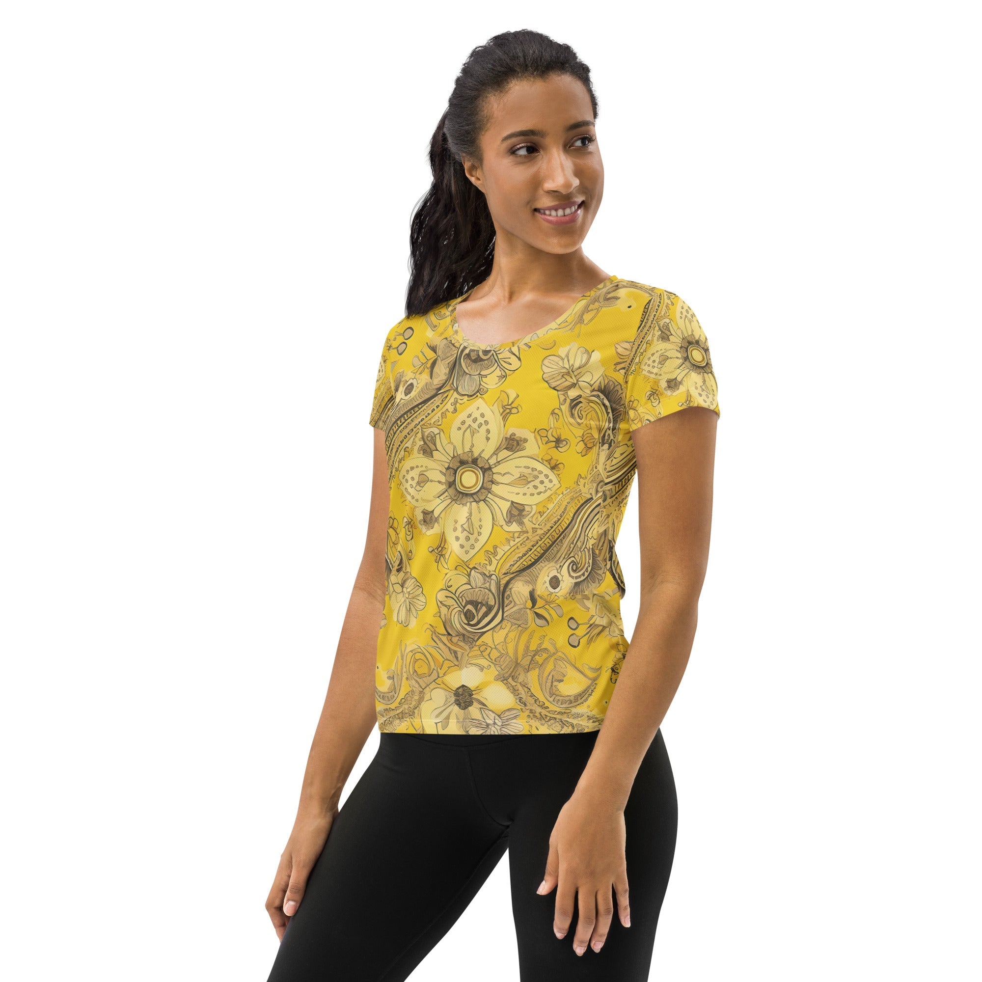 Womens Stretch Fit Athletic Sports T-shirt, Floral Yellow Bandanna