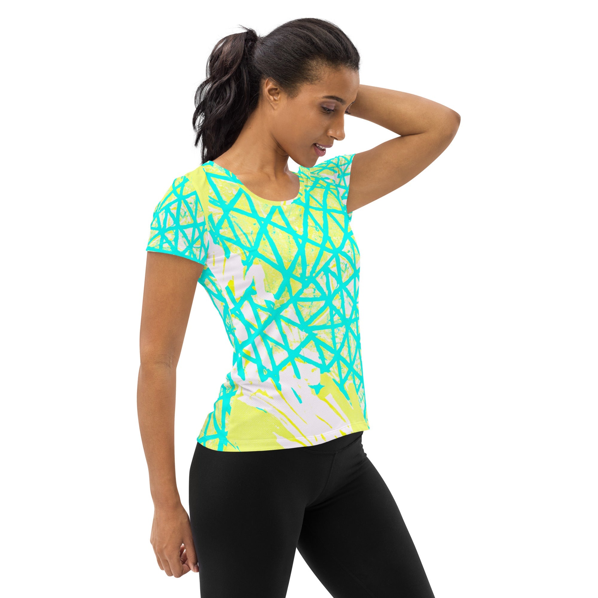 Womens Stretch Fit Athletic Sports T-shirt, Cyan Blue Lime Green