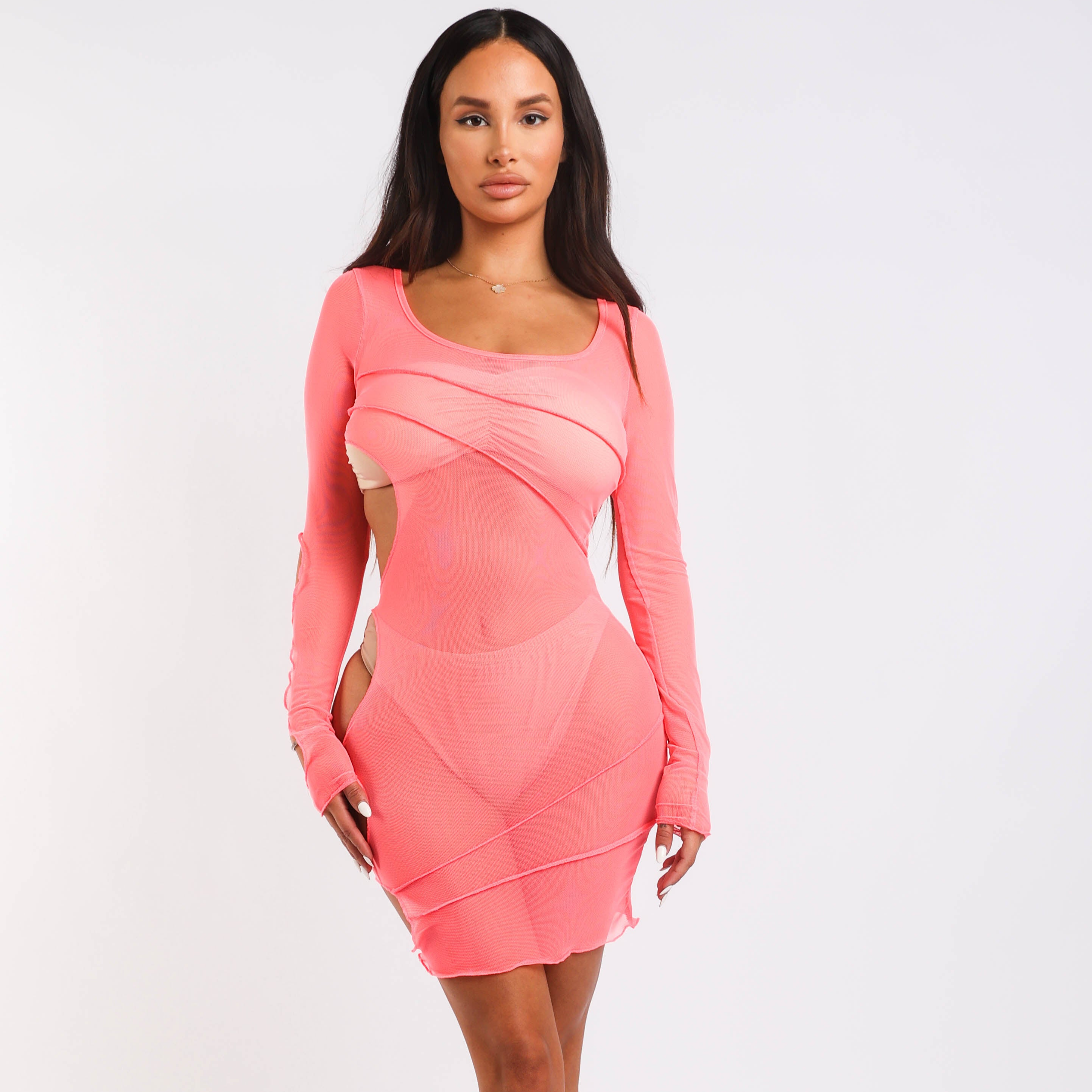 Sexy Cut Out Detailed Long Sleeve Mesh Sheer Dress PINK