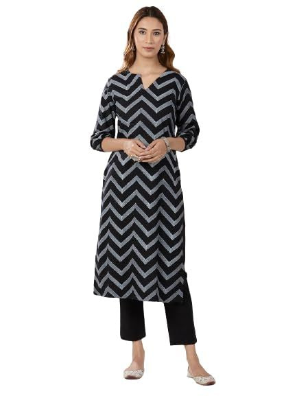 Women's Black Cotton Printed Straight Kurta with Pant set Size L