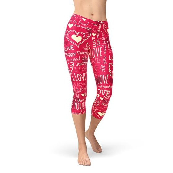 Love Hearts Red Capri Leggings