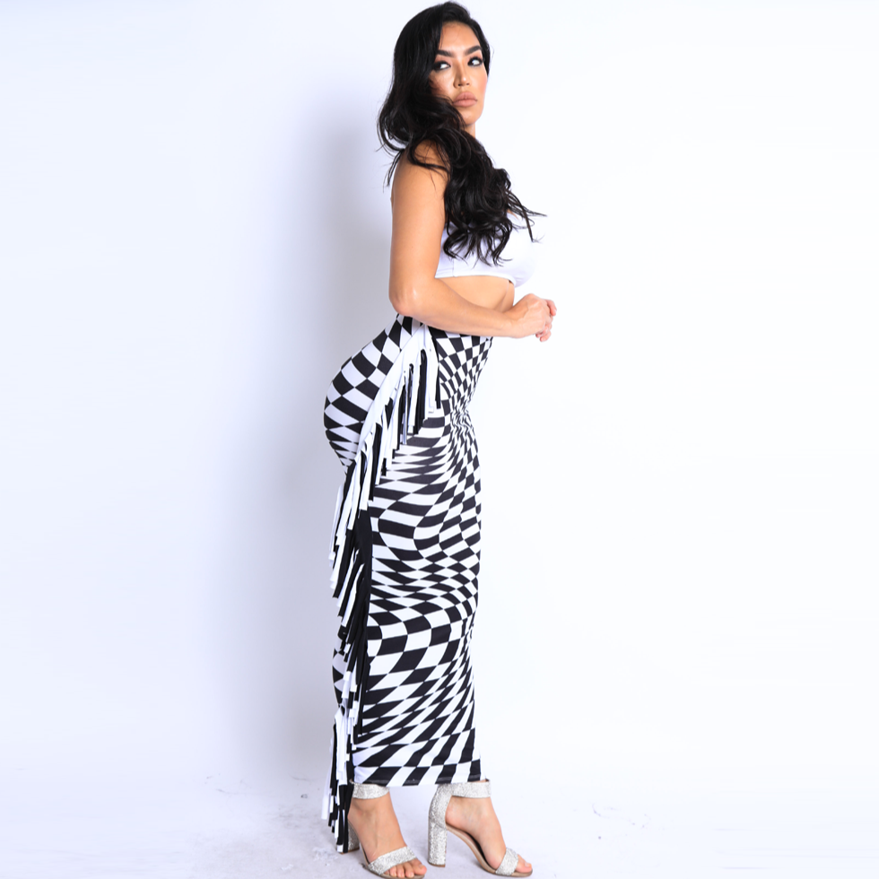 Checkered Elastic High Waist Stretch Bodycon Maxi Pencil Skirt