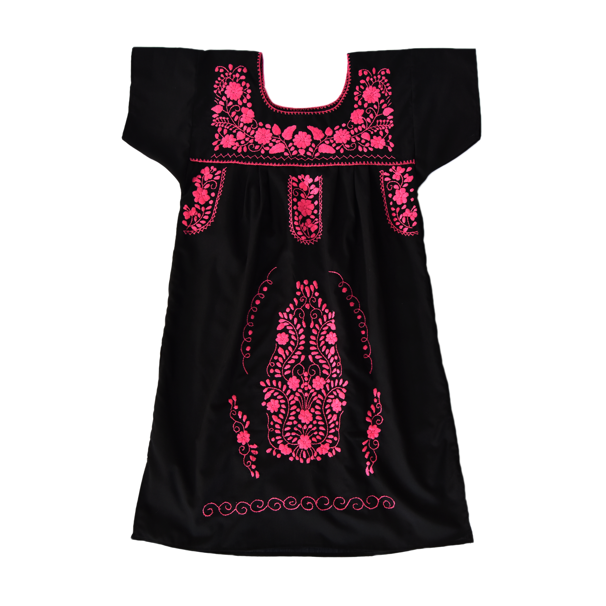 Handmade Loose Black Dress, Hot Pink Embroidery.