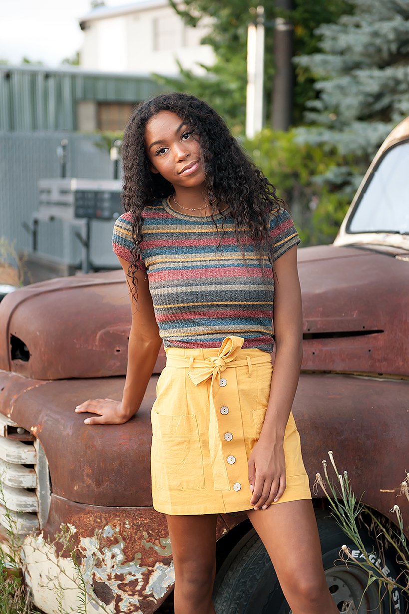 Coconut button Solid Woven Skirt With Belt in Mustard