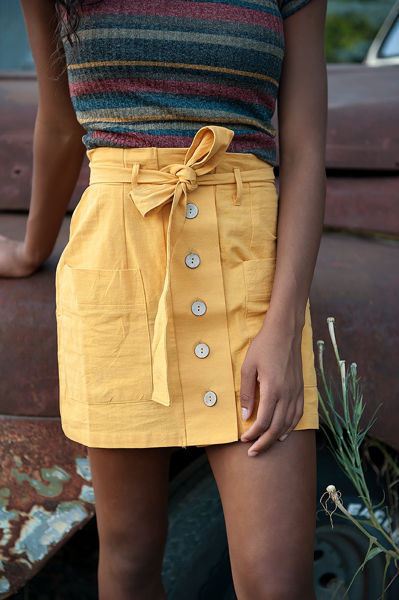 Coconut button Solid Woven Skirt With Belt in Mustard