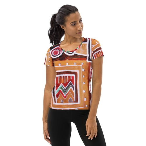 Womens Stretch Fit Athletic Sports T-shirt, Brown Orange Green Aztec