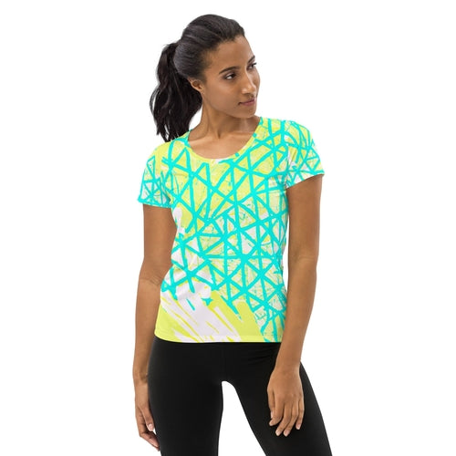 Womens Stretch Fit Athletic Sports T-shirt, Cyan Blue Lime Green